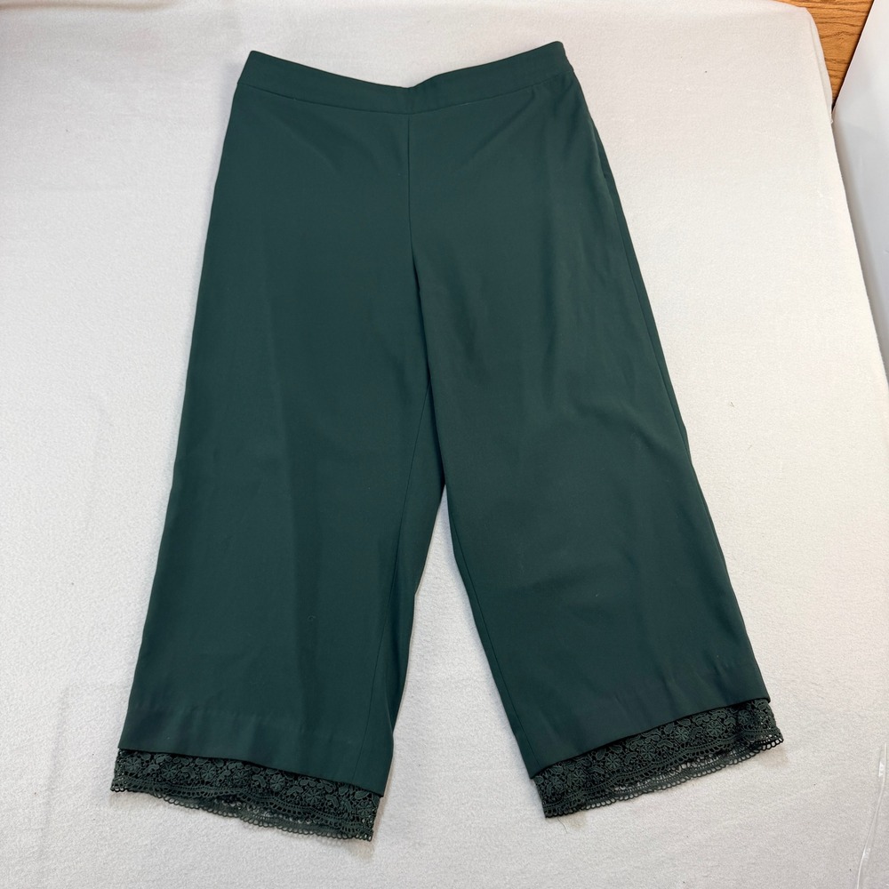 Club Monaco Womens Forest Green Lace Trim Wide Leg Cropped Pants Size 12